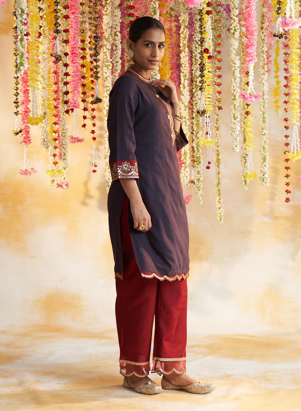 Purple Solid Kurta Set With Embroidery - Lakshita