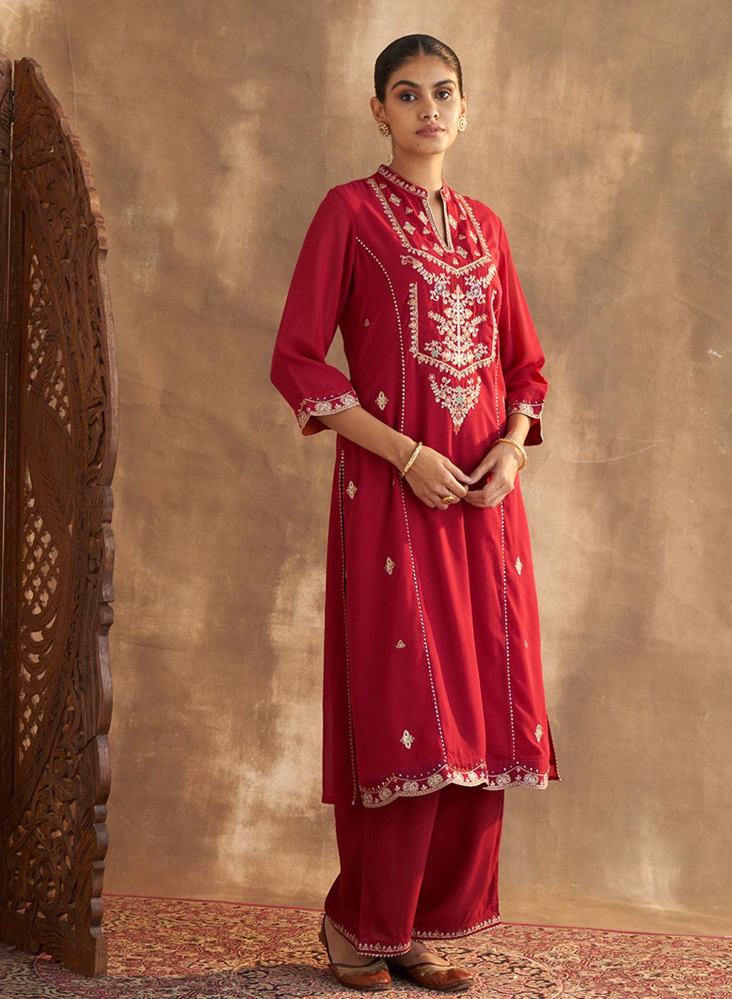 Red Ethnic Wear For Women, Red Embroidered Clothing