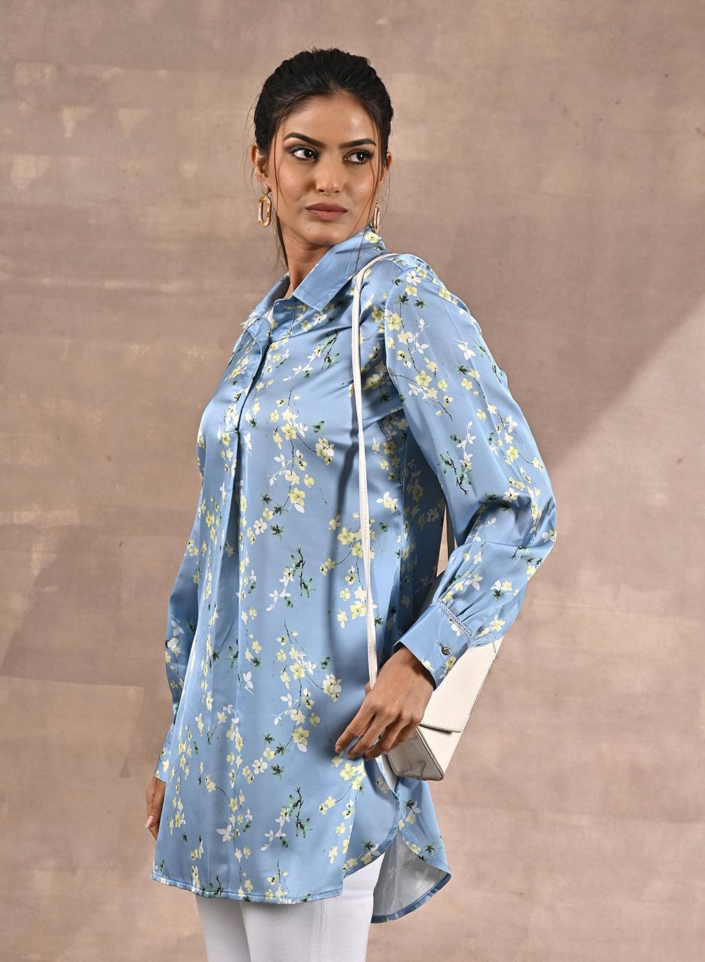 Blue Satin Shirt with Floral Print & Round Hem - Lakshita