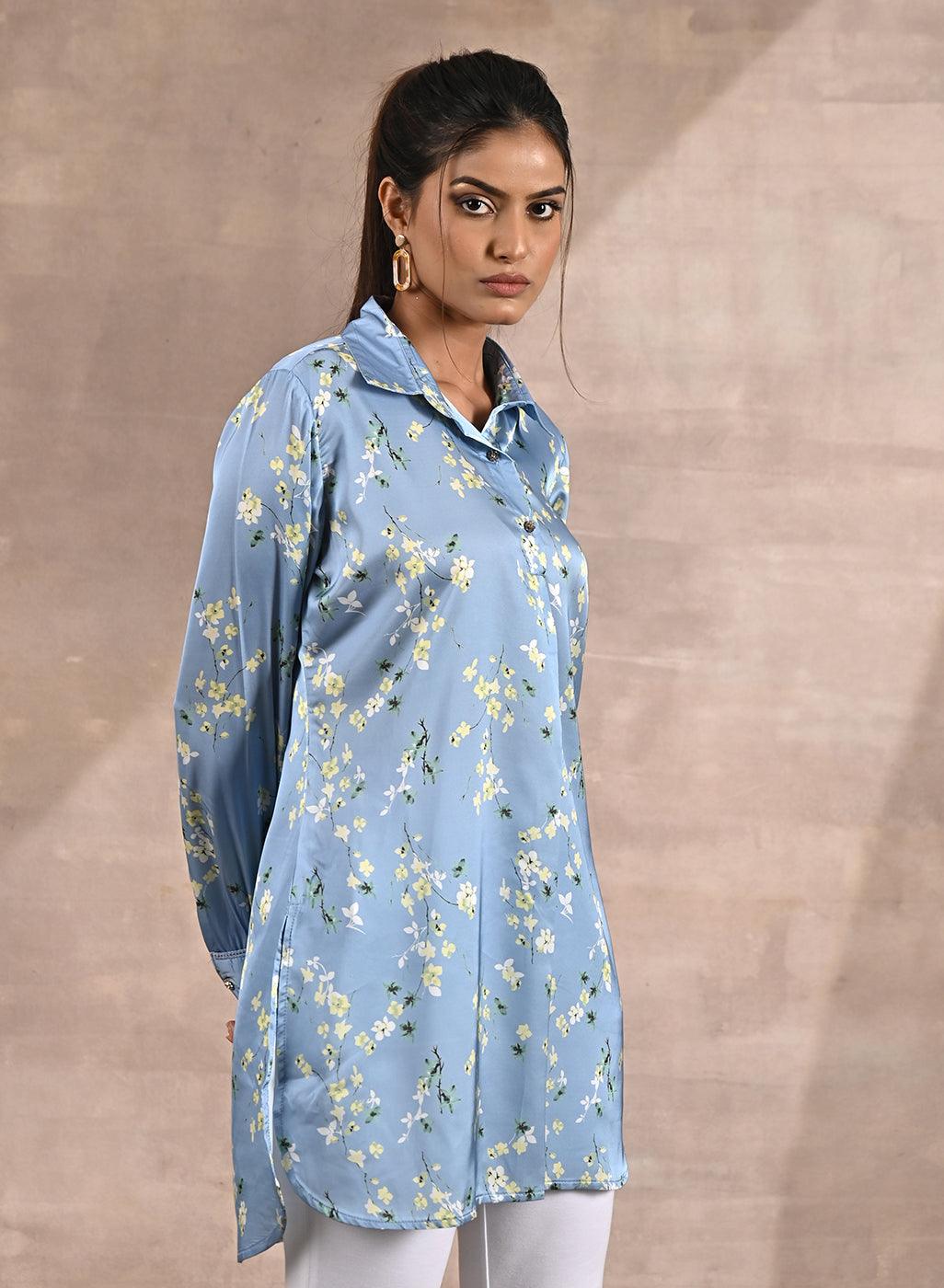 Blue Satin Shirt with Floral Print & Round Hem - Lakshita