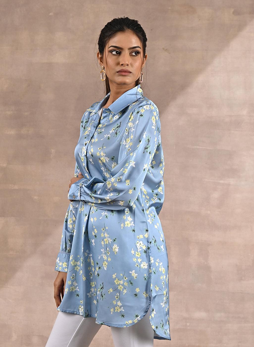 Blue Satin Shirt with Floral Print & Round Hem - Lakshita