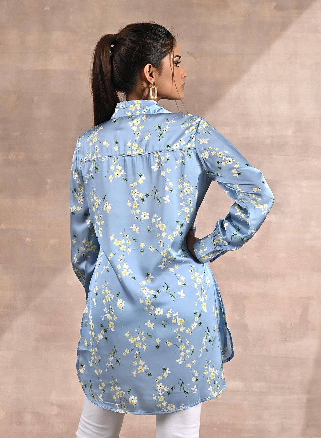 Blue Satin Shirt with Floral Print & Round Hem - Lakshita