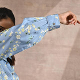 Blue Satin Shirt with Floral Print & Round Hem - Lakshita