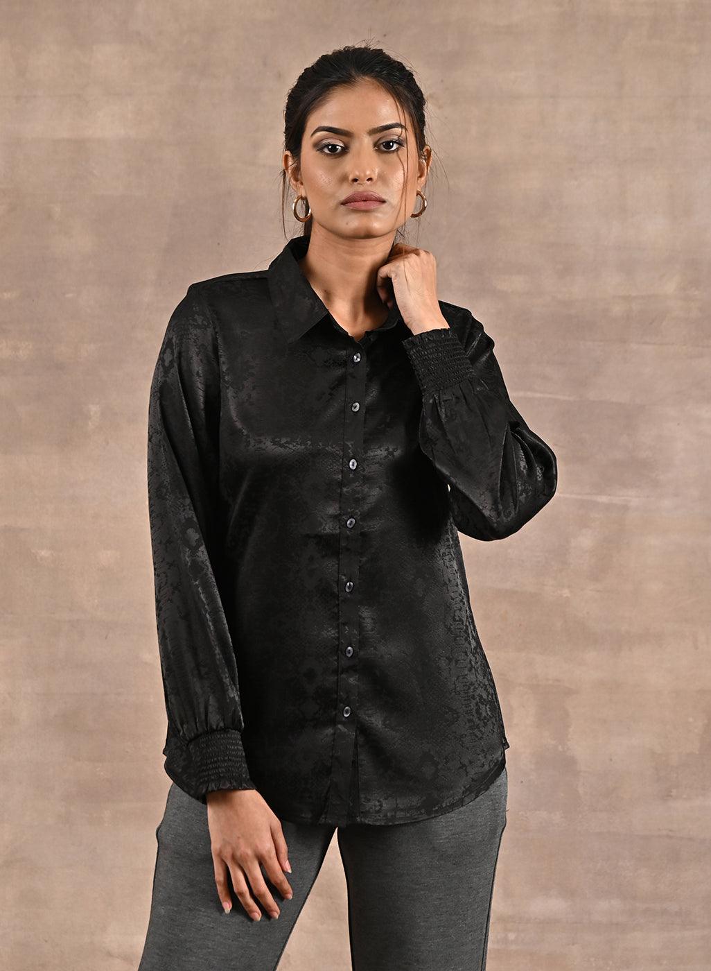 Black Aztec Printed Satin Shirt with Gathered Sleeves - Lakshita