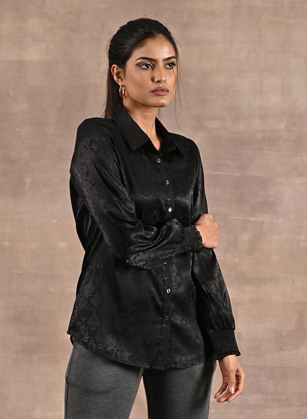 Black Aztec Printed Satin Shirt with Gathered Sleeves - Lakshita