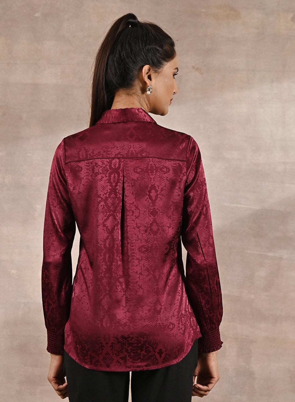 Maroon Aztec Printed Satin Shirt with Gathered Sleeves-22AWLK04122