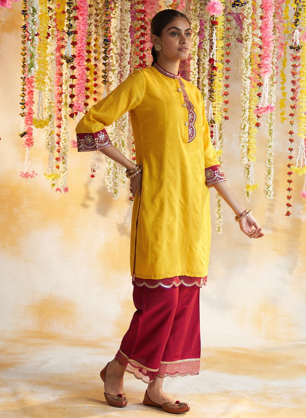 Sunset Yellow Solid Kurta Set With Embroidery - Lakshita