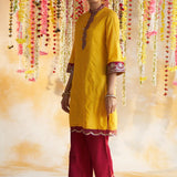 Sunset Yellow Solid Kurta Set With Embroidery - Lakshita