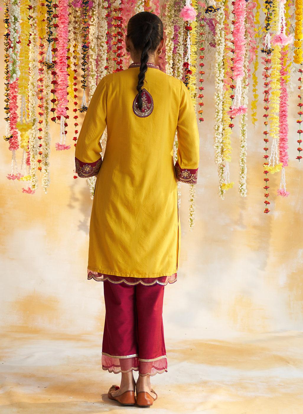 Sunset Yellow Solid Kurta Set With Embroidery - Lakshita