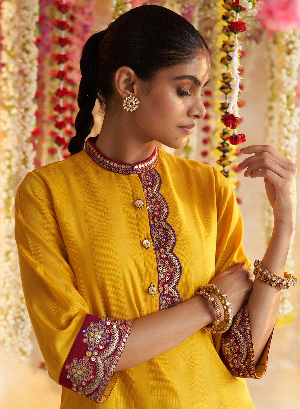 Sunset Yellow Solid Kurta Set With Embroidery - Lakshita