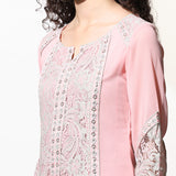 Pink Embroidered Nargis Kurta with Lace-Inserts