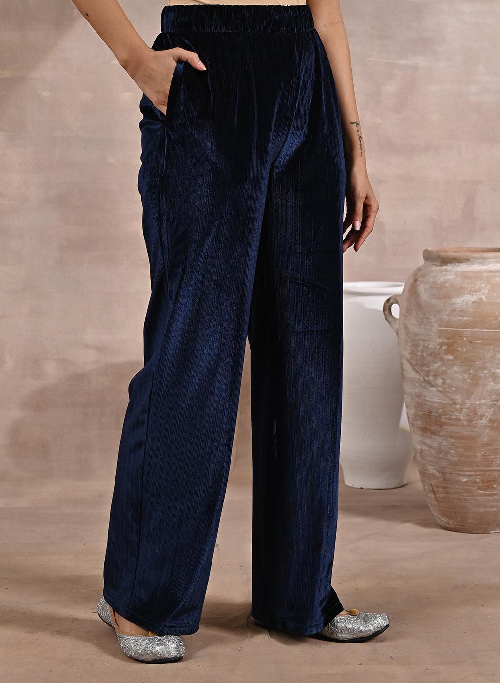 Solid Navy Blue Velour Straight-Fit Palazzo with Elastic Waist Band - Lakshita