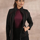 Black Fleece Jacket with Decorative Stitch on Front - Lakshita