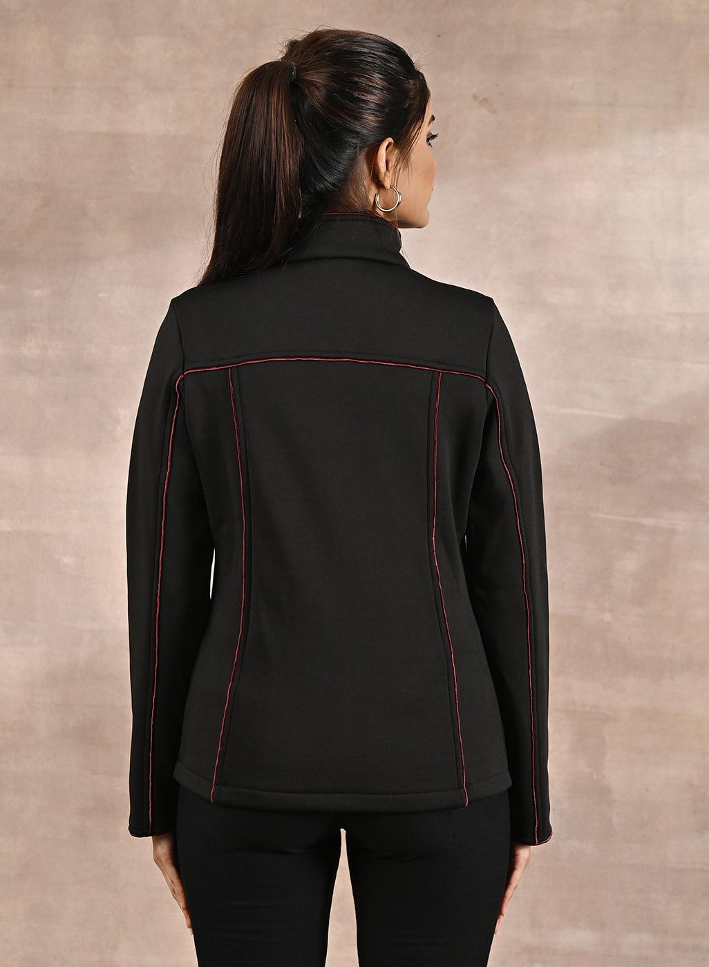 Black Fleece Jacket with Decorative Stitch on Front - Lakshita