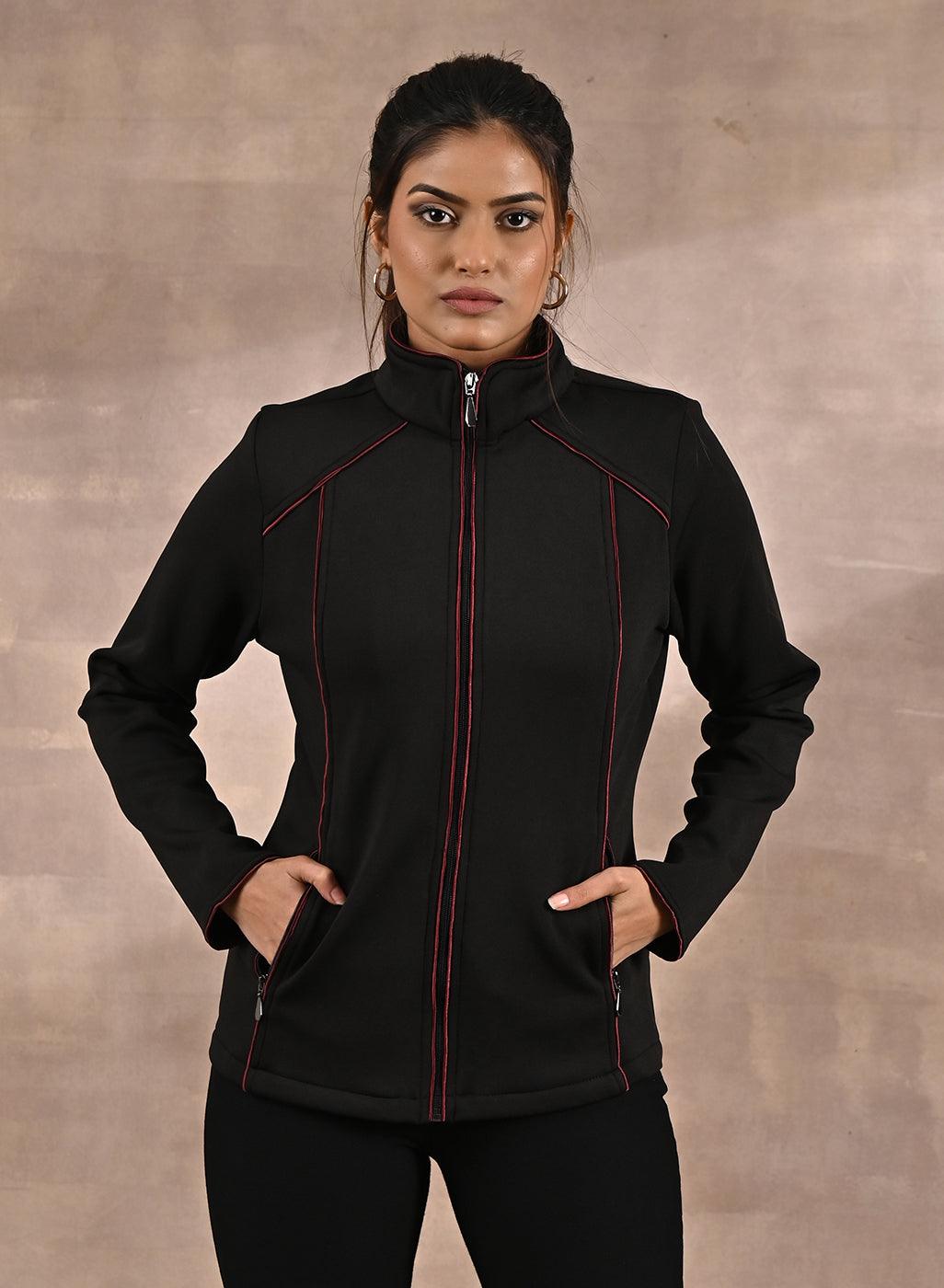 Black Fleece Jacket with Decorative Stitch on Front - Lakshita