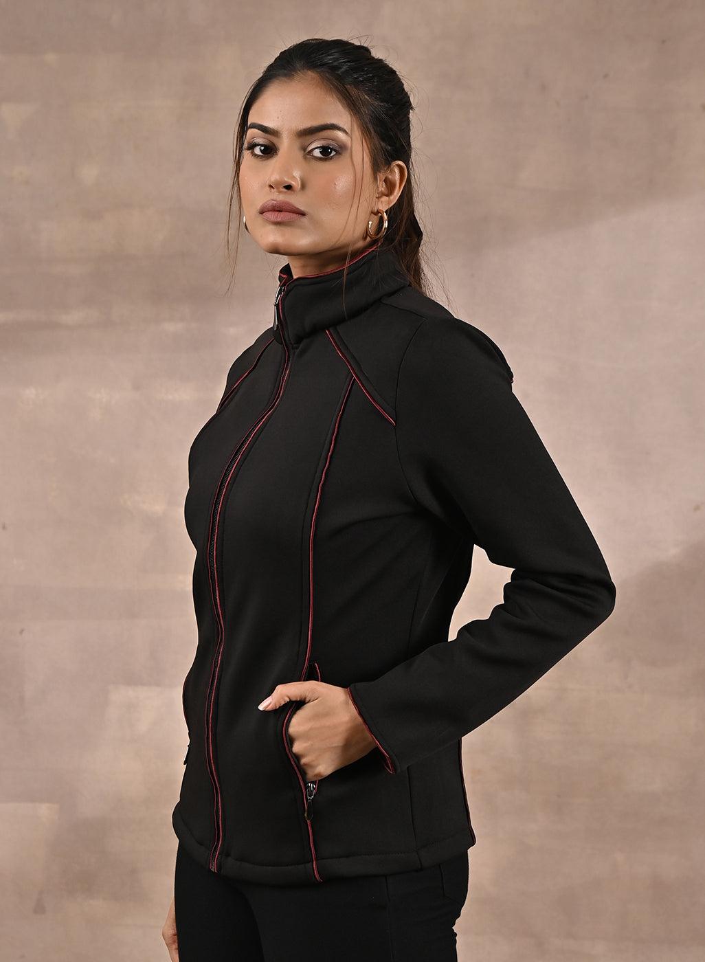 Black Fleece Jacket with Decorative Stitch on Front - Lakshita