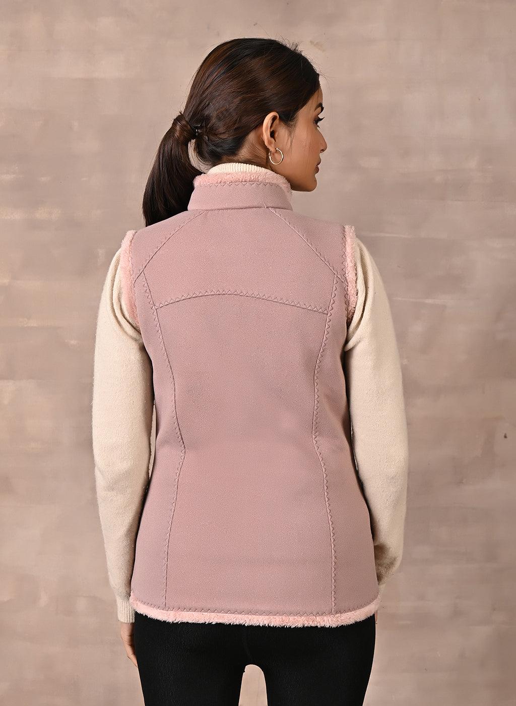 Pink Sleeveless Jacket with Fur Detail