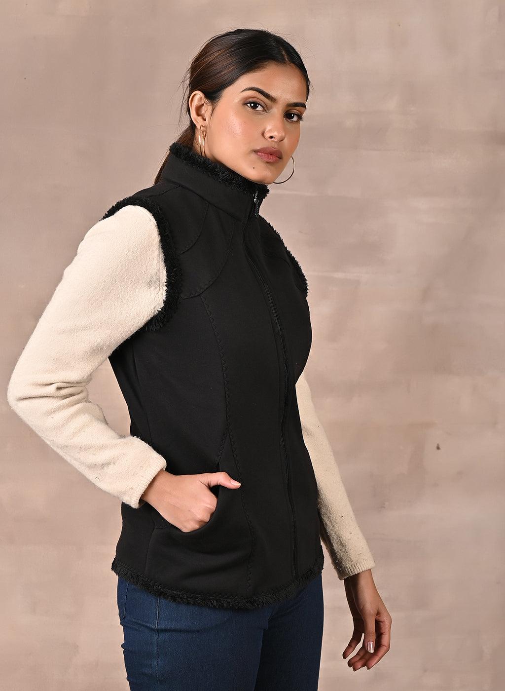 Buy online Black Viscose Crepe Sleeveless Jacket from jackets and blazers  and coats for Women by Frenchtrendz for ₹1310 at 0% off | 2024 Limeroad.com