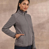 Grey High-neck Long Sleeve Sherpa Fur Jacket - Lakshita