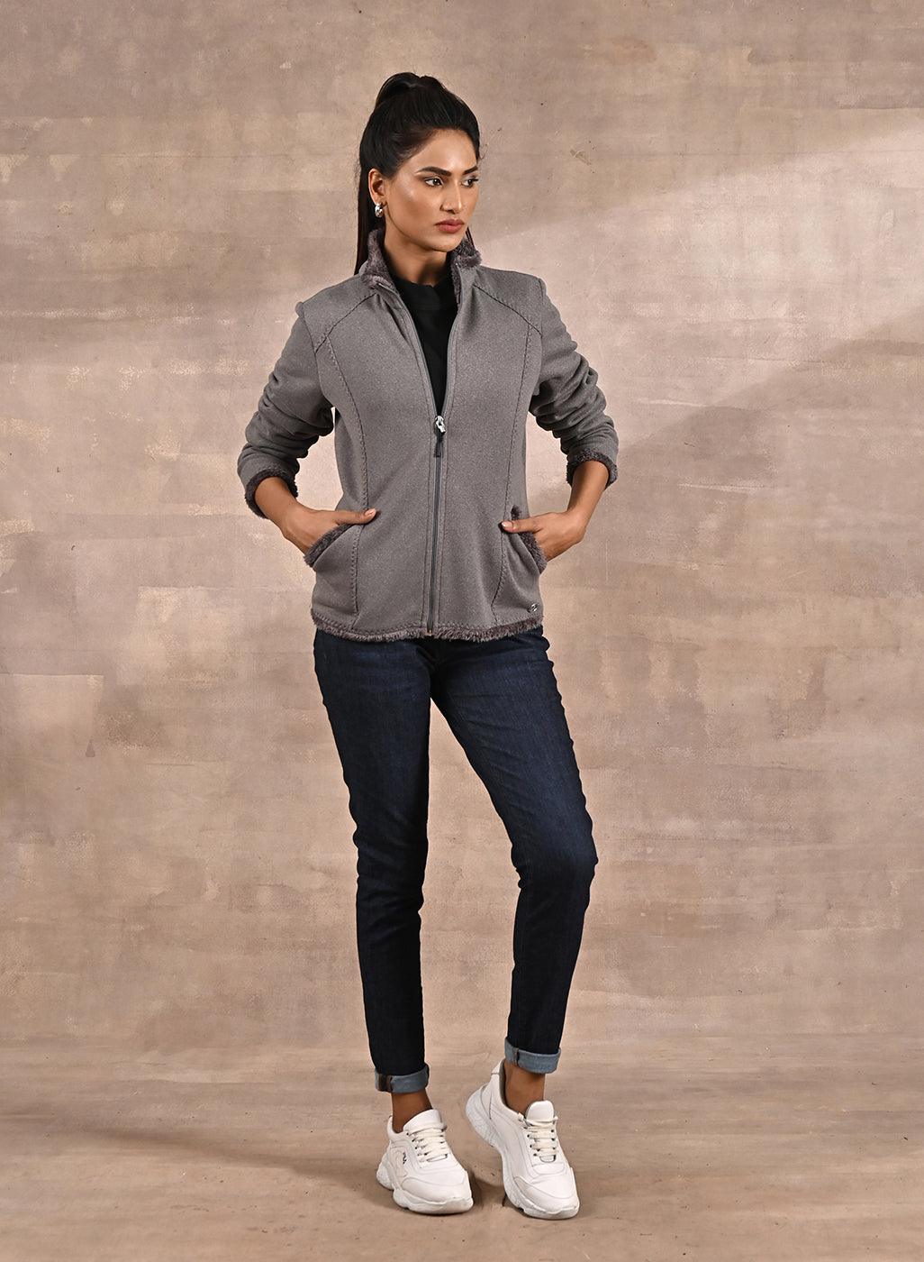 Grey High-neck Long Sleeve Sherpa Fur Jacket - Lakshita