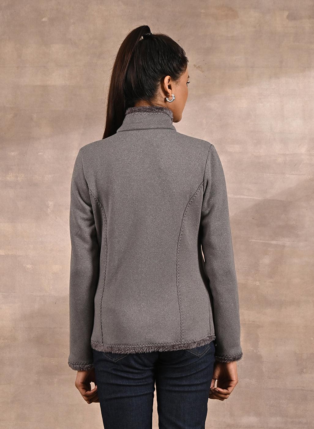 Grey High-neck Long Sleeve Sherpa Fur Jacket - Lakshita