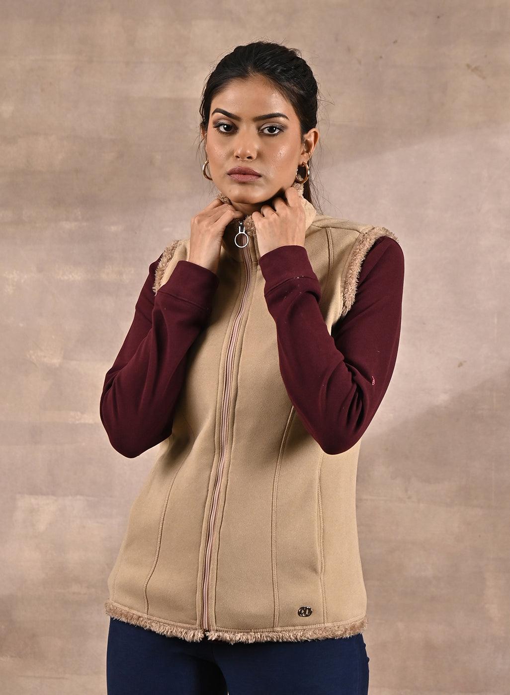 Beige Zip-front Sleeveless Fur Jacket - Lakshita