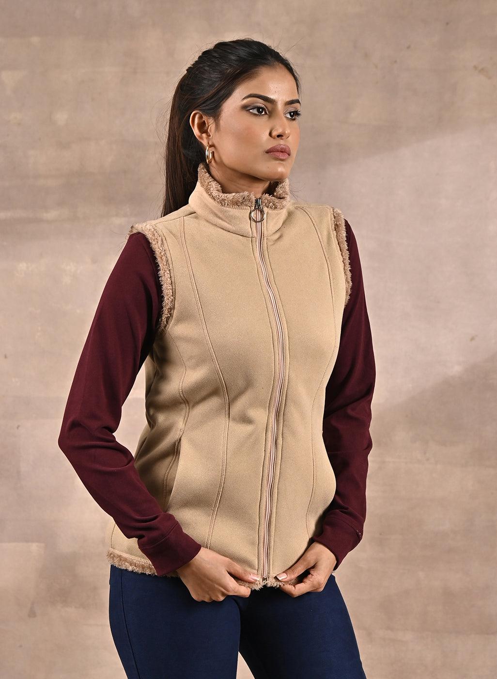 Beige Zip-front Sleeveless Fur Jacket - Lakshita