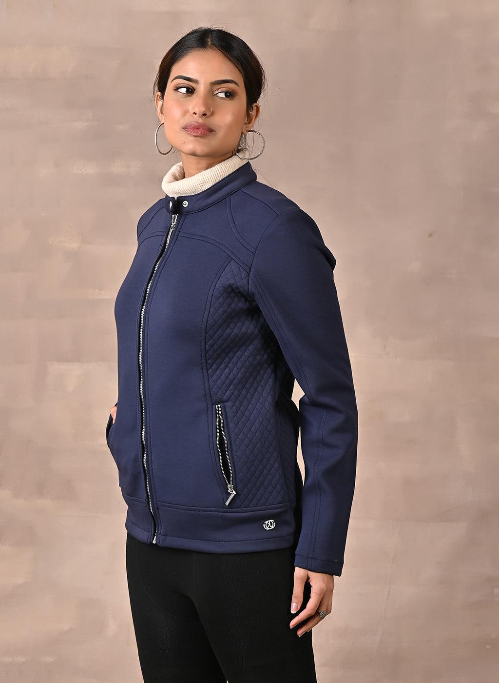 Navy Blue Quilted Jacket with Zipper Detail - Lakshita