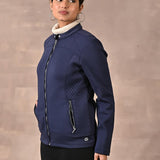 Navy Blue Quilted Jacket with Zipper Detail - Lakshita