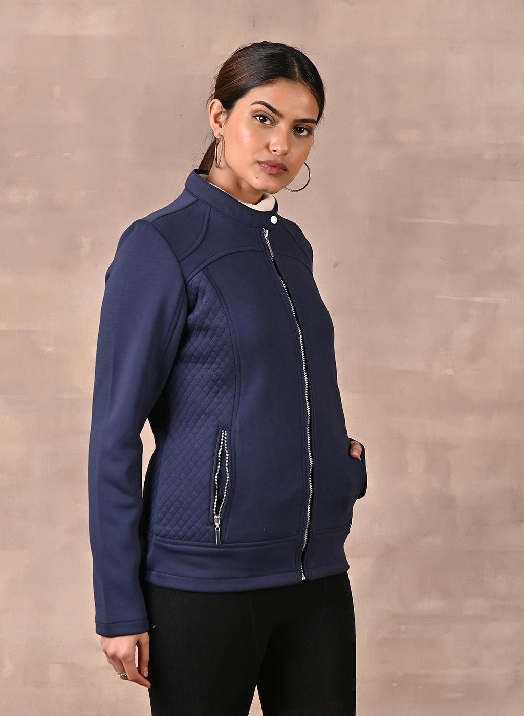 Navy Blue Quilted Jacket with Zipper Detail - Lakshita