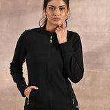 Black Long-sleeve Jacket with Decorative Cuts - Lakshita