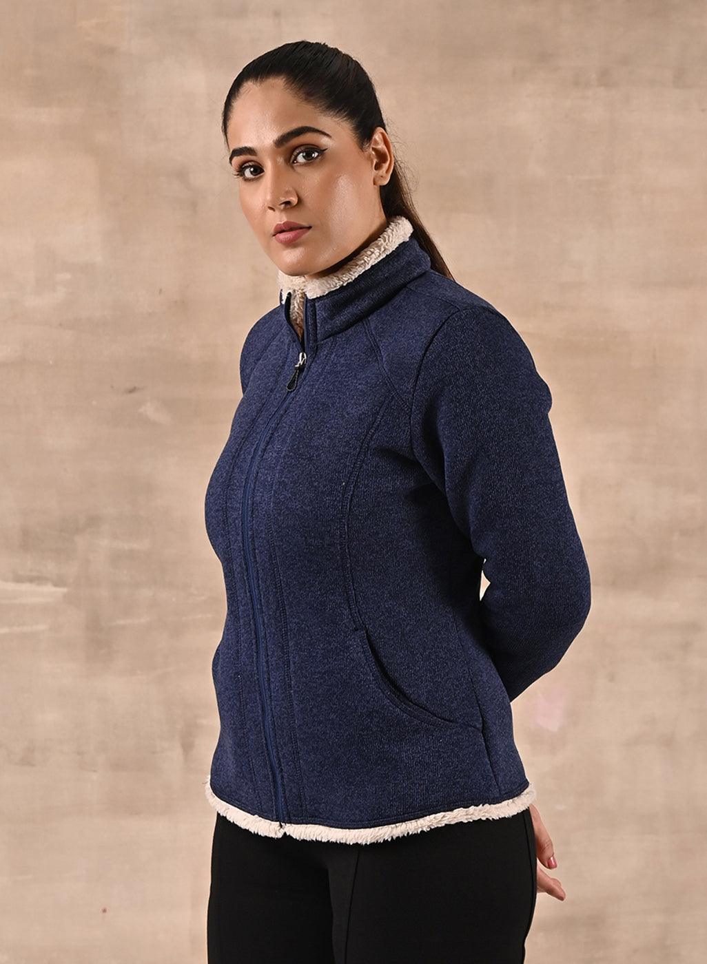 Blue Zip-front High-neck Fleece Jacket with Pockets - Lakshita