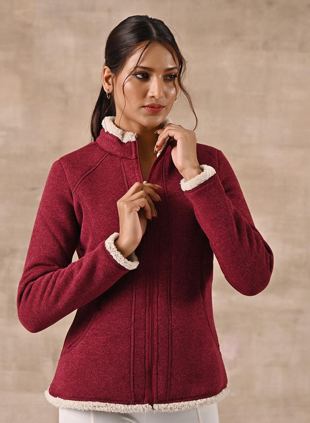 Maroon Zip-front High-neck Fleece Jacket with Pockets - Lakshita