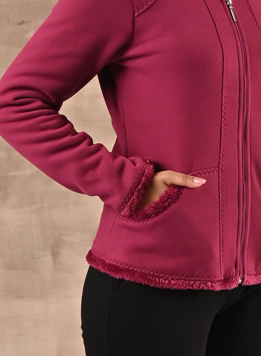 Dark Pink High-neck Jacket with Fur Details - Lakshita