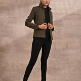 Olive Fleece Full-sleeve Jacket with Quilted Yoke at Front - Lakshita