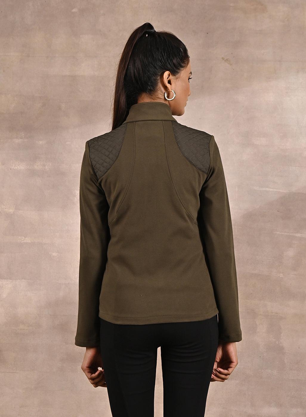 Olive Fleece Full-sleeve Jacket with Quilted Yoke at Front - Lakshita