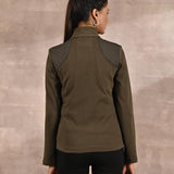 Olive Fleece Full-sleeve Jacket with Quilted Yoke at Front - Lakshita