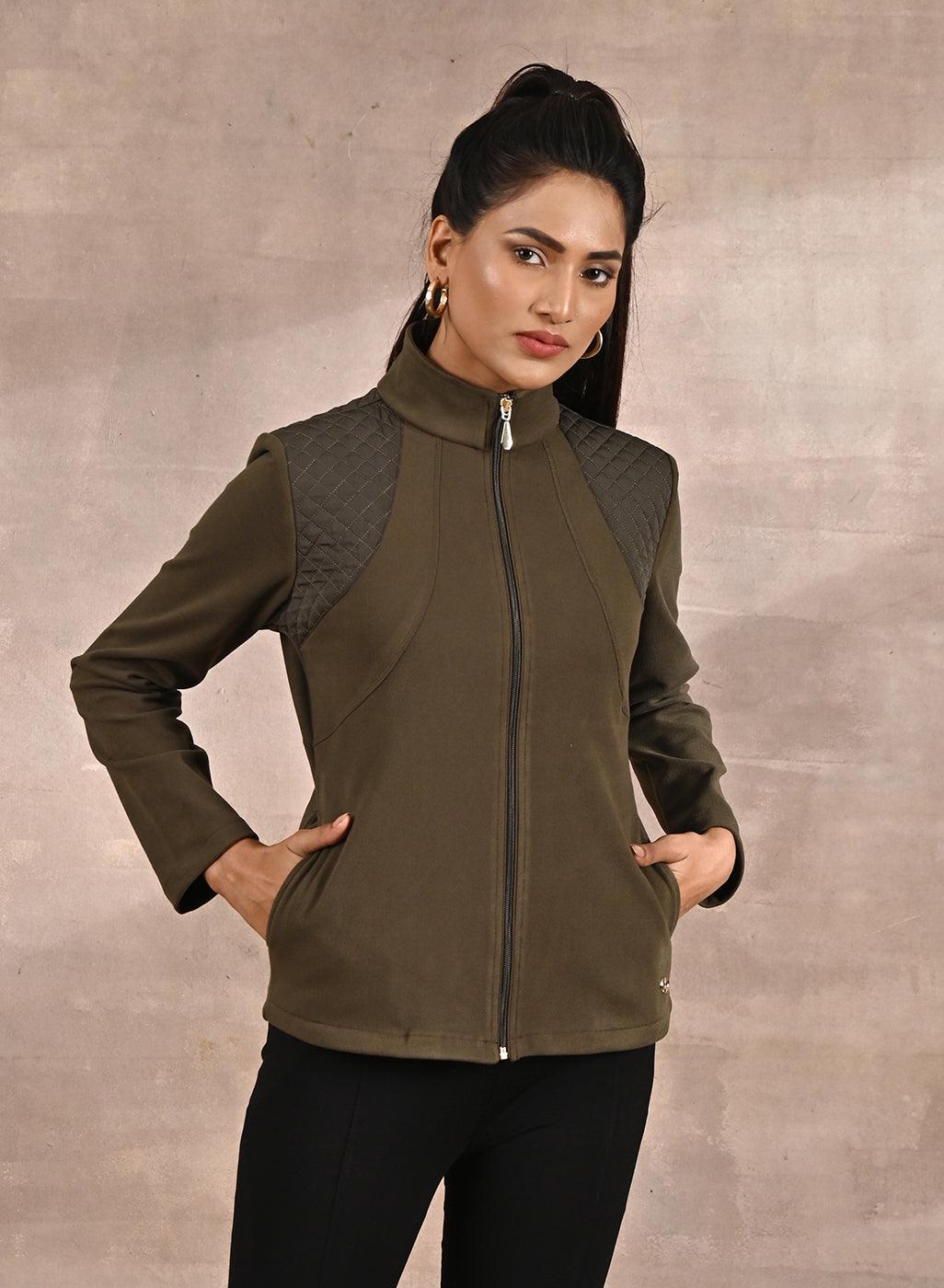 Olive Fleece Full-sleeve Jacket with Quilted Yoke at Front - Lakshita