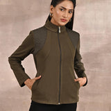 Olive Fleece Full-sleeve Jacket with Quilted Yoke at Front - Lakshita