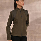 Olive Fleece Full-sleeve Jacket with Quilted Yoke at Front - Lakshita