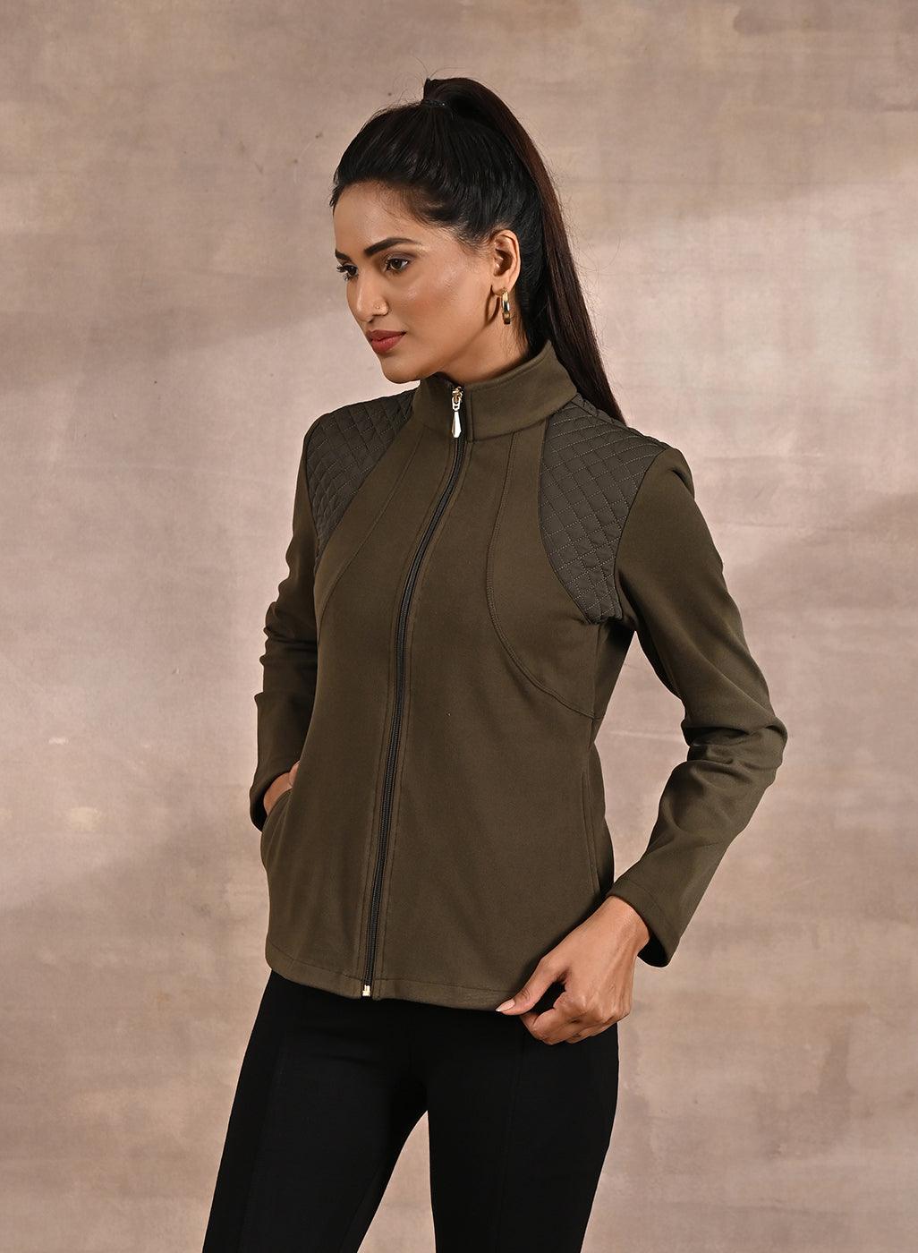 Olive Fleece Full-sleeve Jacket with Quilted Yoke at Front - Lakshita