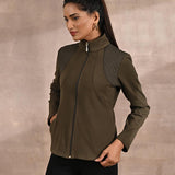 Olive Fleece Full-sleeve Jacket with Quilted Yoke at Front - Lakshita