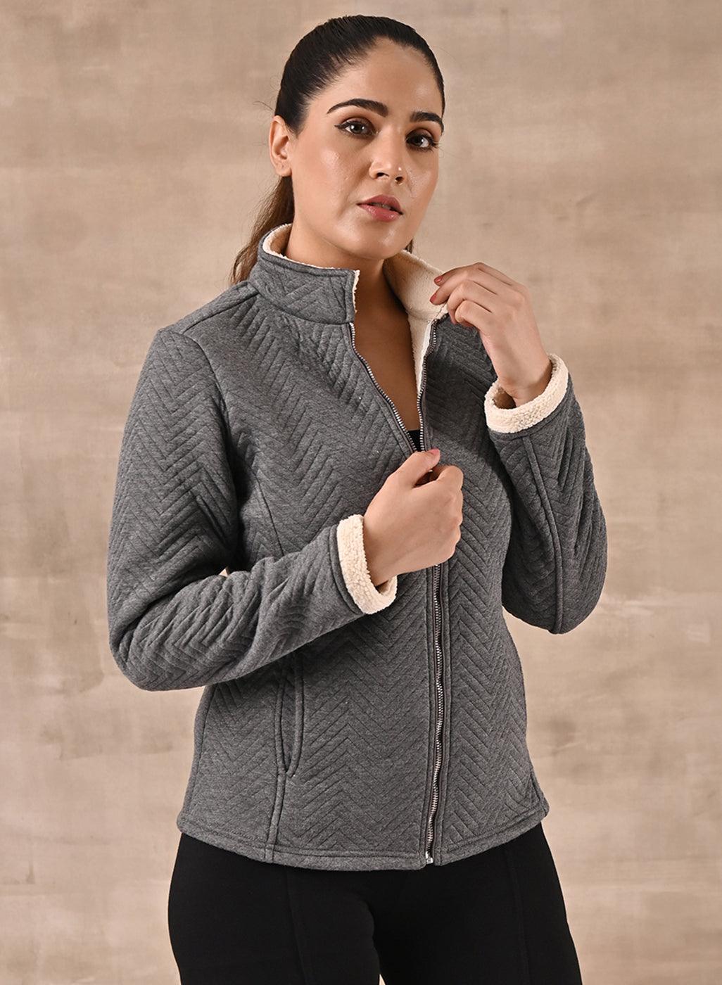 Grey Quilted Zipper Jacket with Slip Pockets - Lakshita