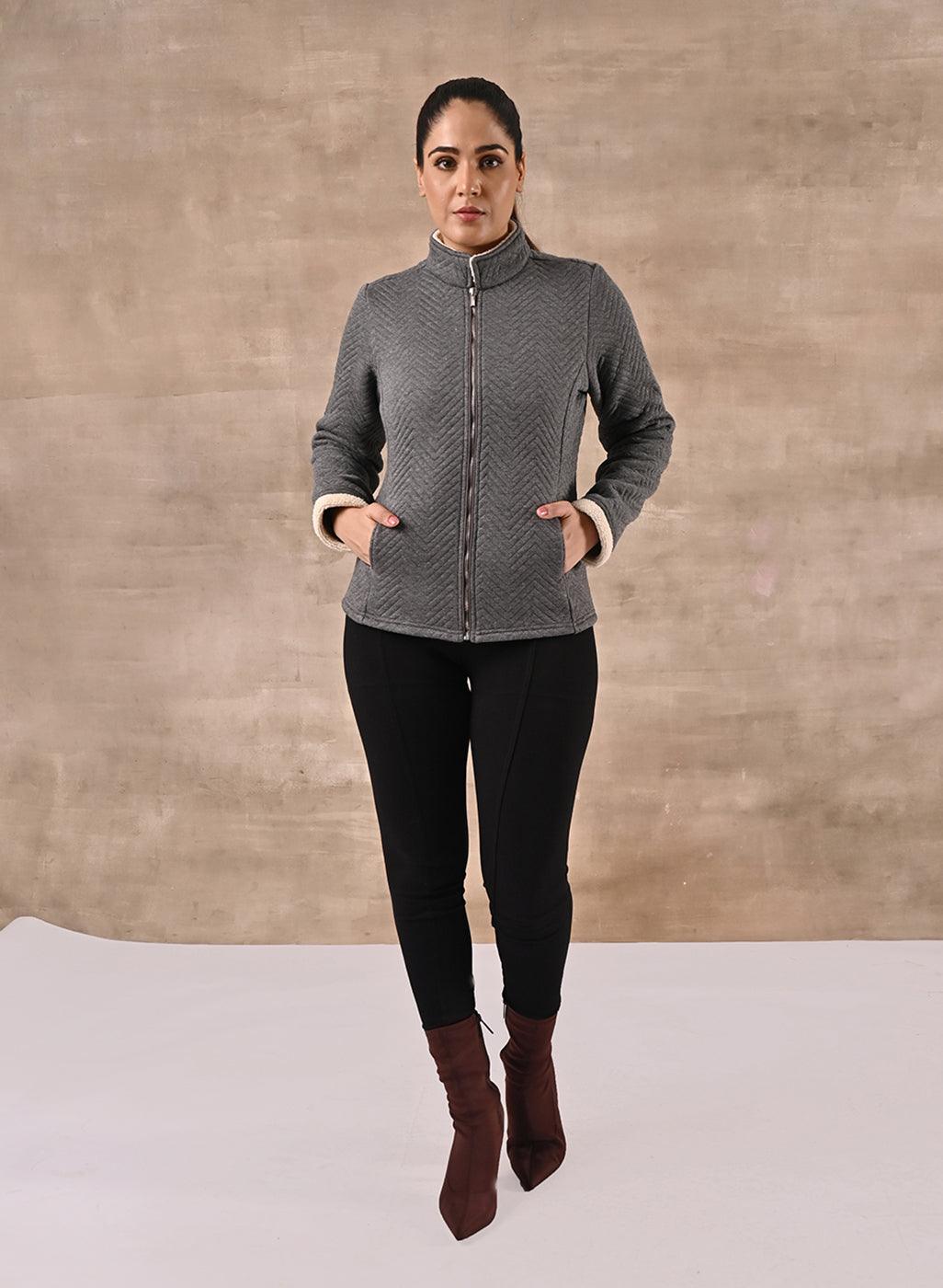 Grey Quilted Zipper Jacket with Slip Pockets - Lakshita