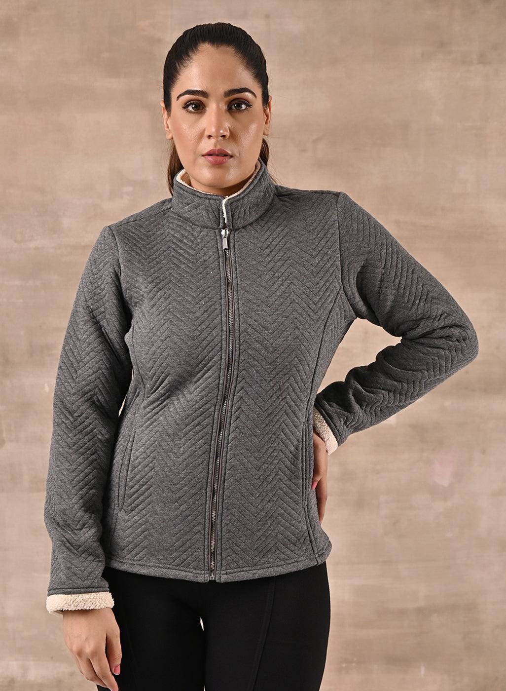 Grey Quilted Zipper Jacket with Slip Pockets - Lakshita