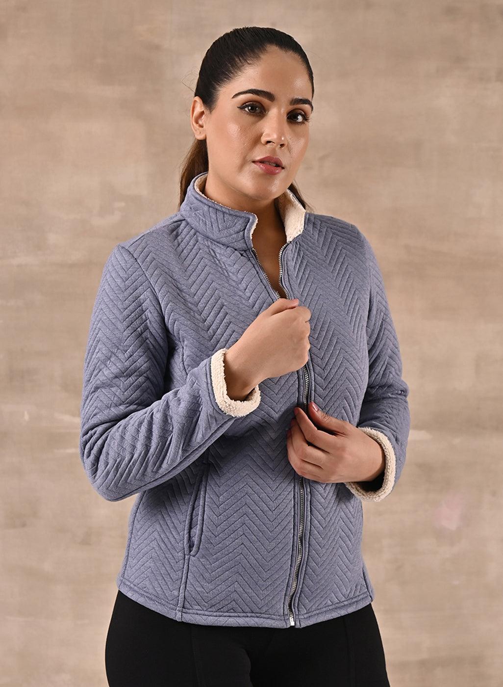 Blue Quilted Zipper Jacket with Slip Pockets - Lakshita