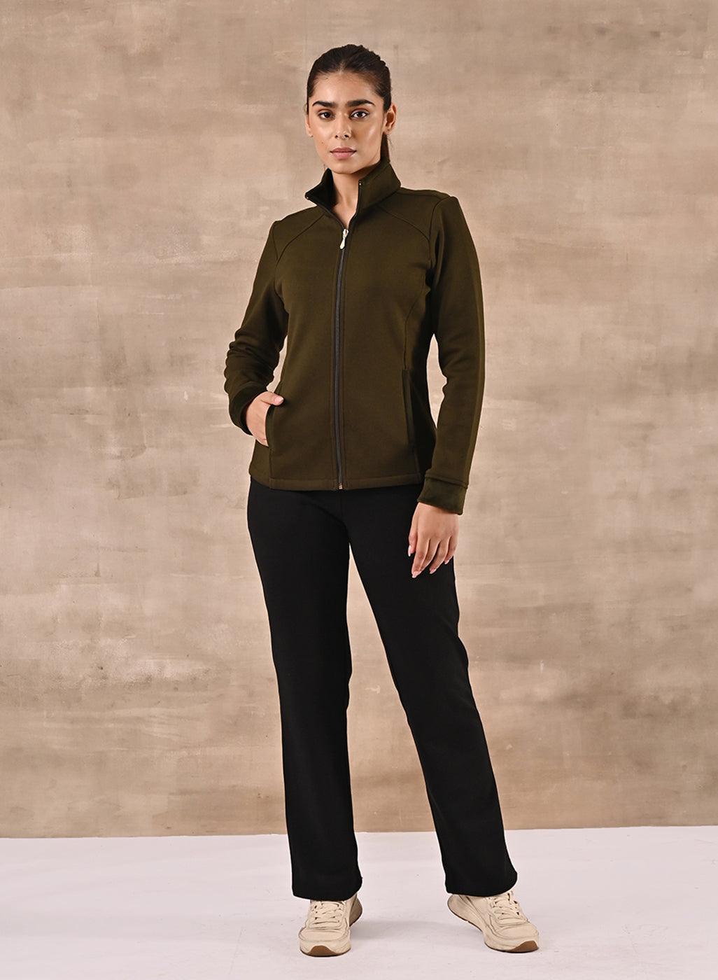 Olive Zip-front High-neck Regular Jacket with Pockets - Lakshita