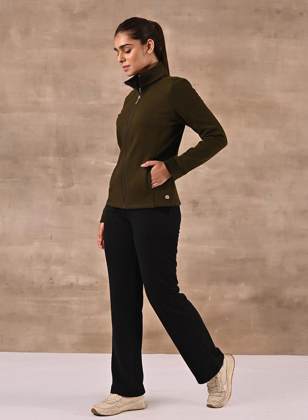 Olive Zip-front High-neck Regular Jacket with Pockets - Lakshita