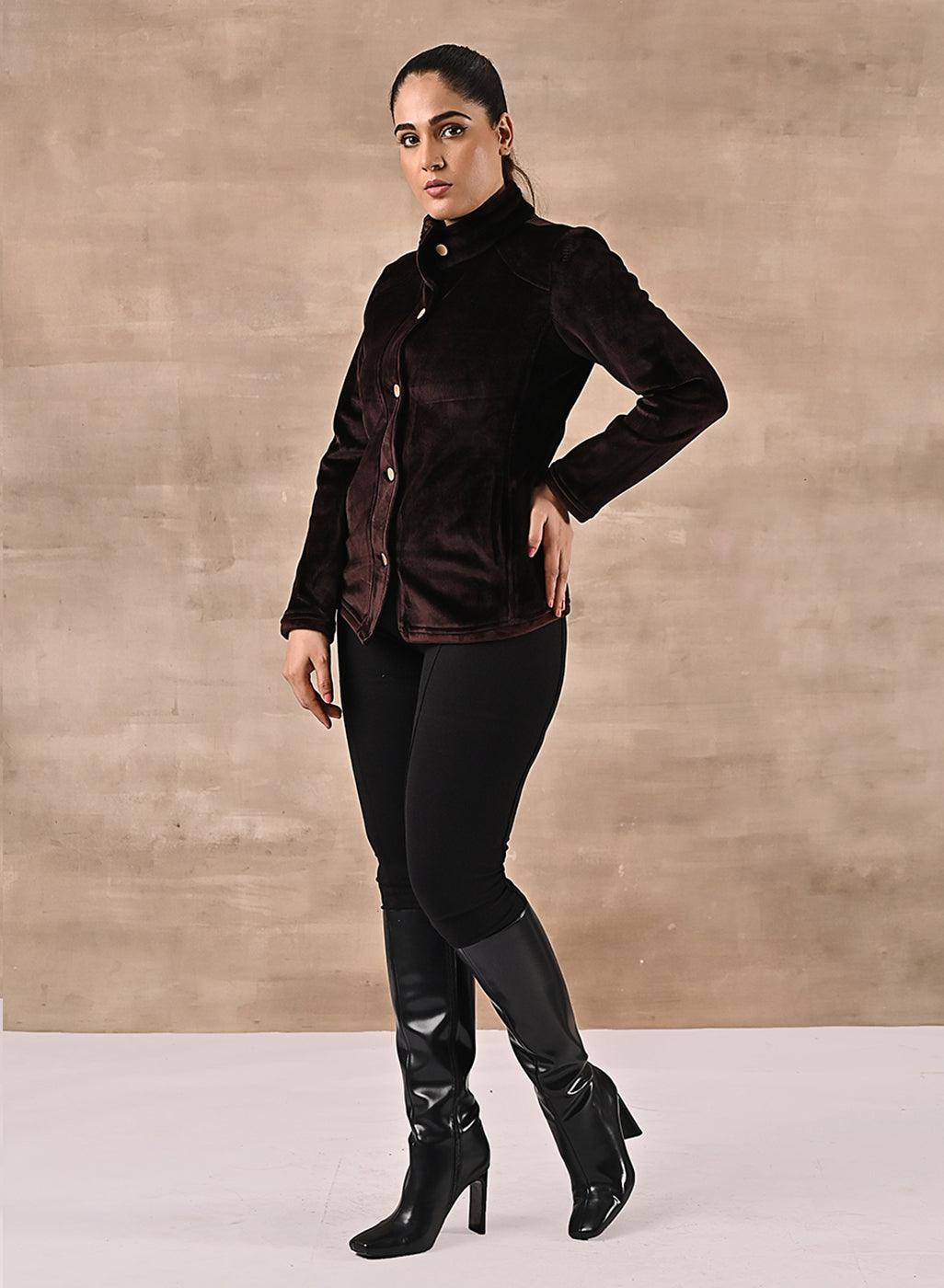 Brown Corduroy High Neck Jacket with Button Detailing - Lakshita