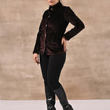 Brown Corduroy High Neck Jacket with Button Detailing - Lakshita